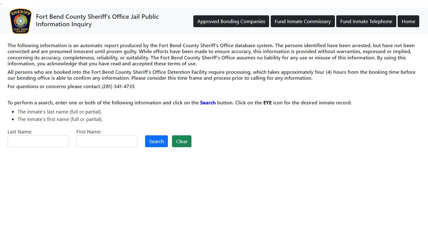 Fort Bend County Sheriff's Office Jail Public Information Inquiry